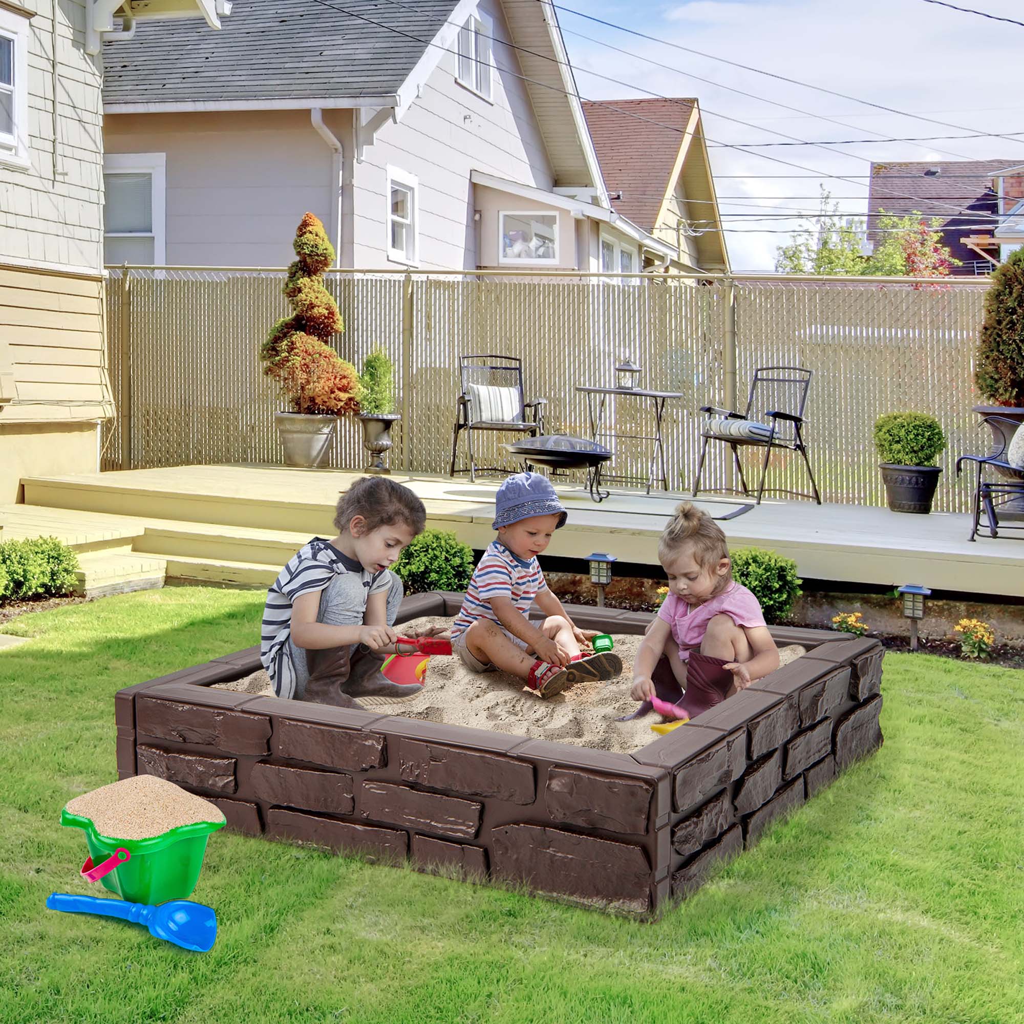 Alt View 3. Costway - Costway Kids Sandbox with Cover Bottom Liner Backyard Beach HDPE Sandpit for Outdoor Play - Brown.