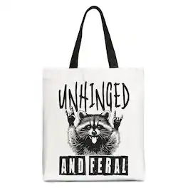 OrnamentallyYou - Unhinged and Feral Raccoon Canvas Tote Bag, Funny Rock Hands Gift Shopper for Wild People - White Black