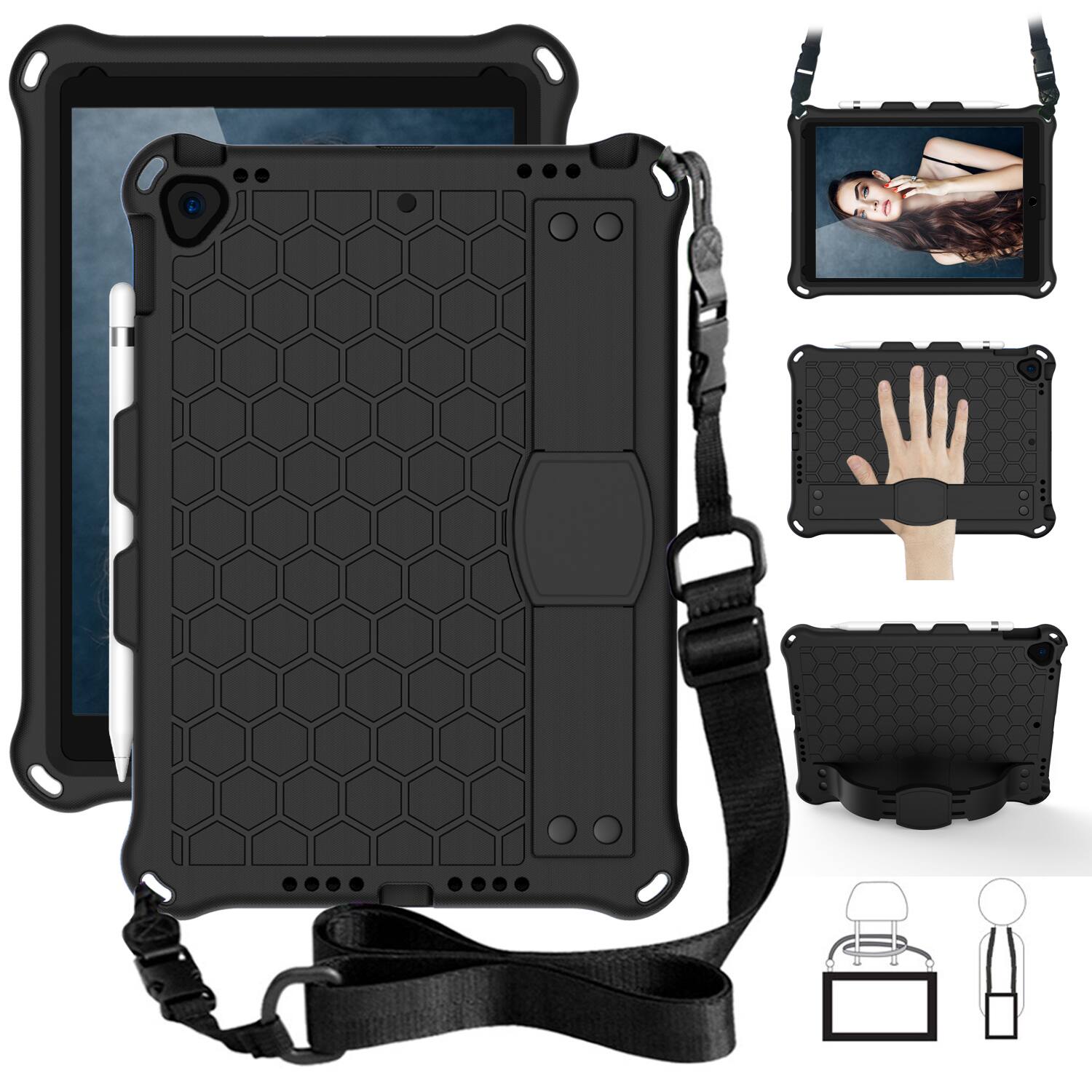 Front. UUCOVER - Kids Case for iPad 9th 8th 7th Gen 10.2-inch (2021/2020/2019) Shockproof EVA+TPU Stand Cover with Shoulder Strap - Black.