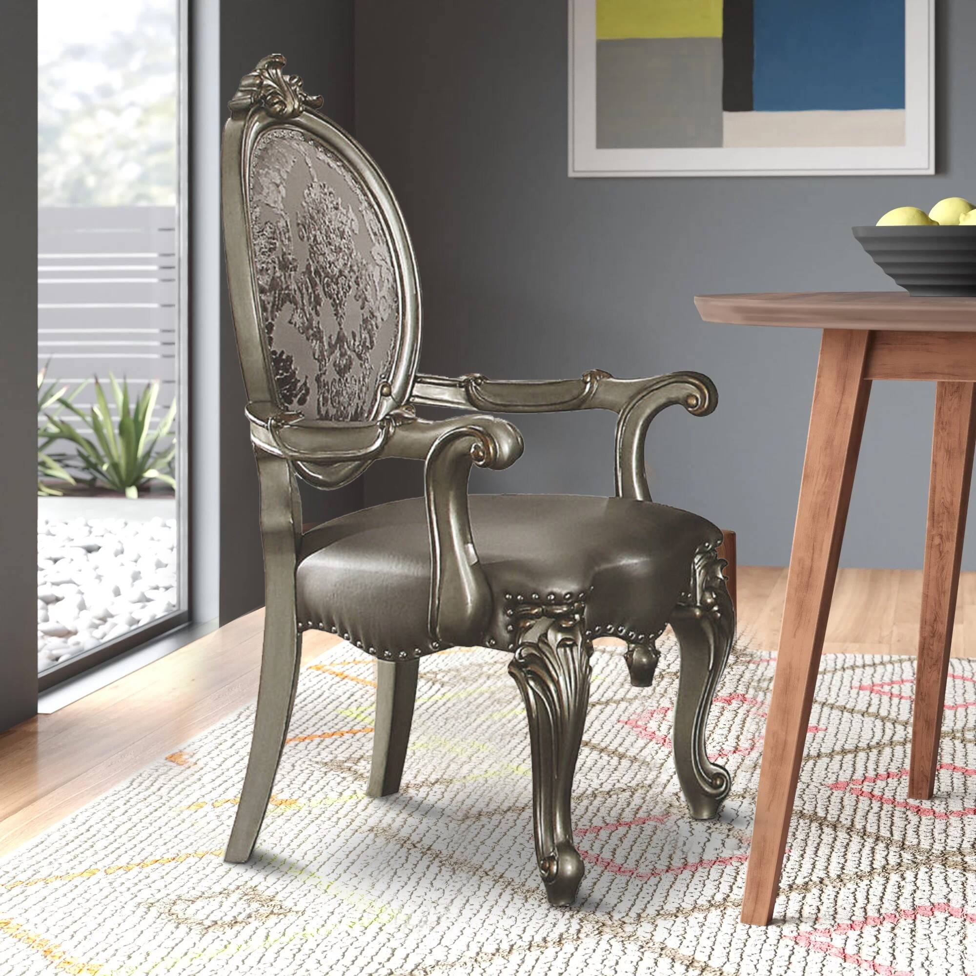 Alt View 5. Manhattan Lane - Wooden Arm Chairs with Fabric Upholstered Back and Leatherette Seat, Set of Two - Silver.