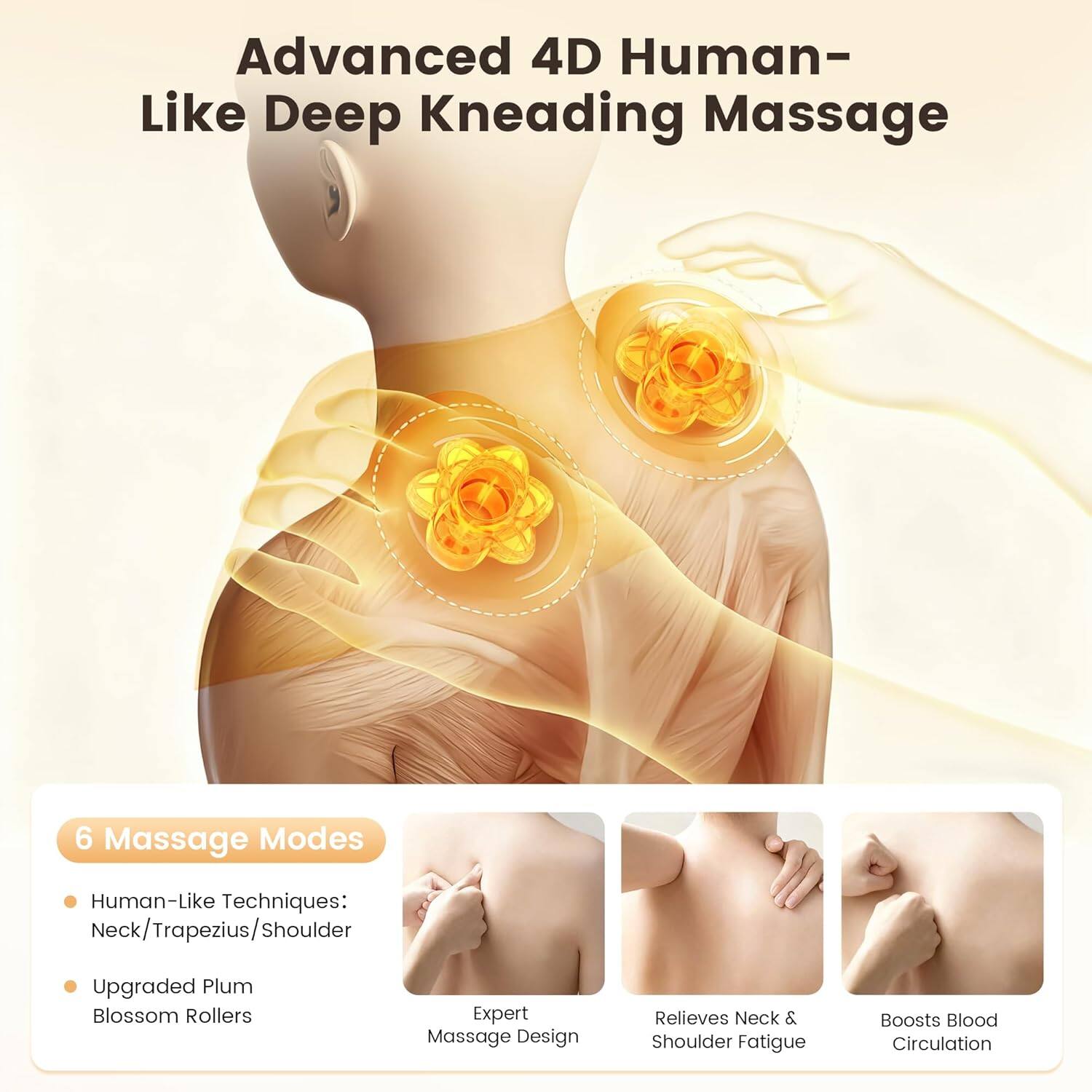 Advanced 4D Human-Like Deep Kneading Massage

6 Massage Modes
- Human-Like Techniques: Neck/Trapezius/Shoulder
- Upgraded Plum Blossom Rollers

Expert Massage Design
Relieves Neck & Shoulder Fatigue
Boosts Blood Circulation