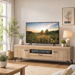 WELLFOR - Mid Century Modern TV Stand for TVs up to 65 Inch, Entertainment Center Media Console Table with 2 Cabinets and Drawer - Oak