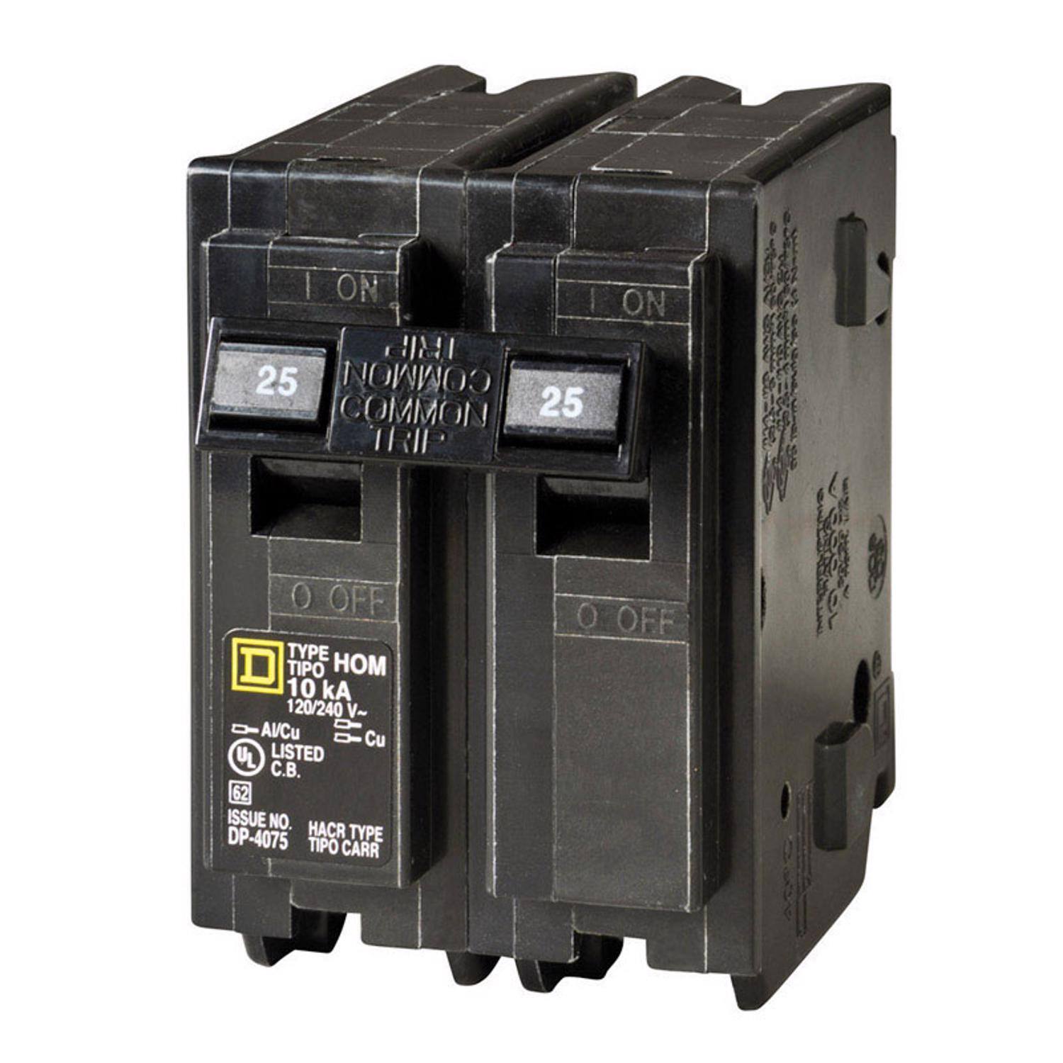 ON  
25 COMMON COMMON 25 TRIP  
OFF  
TYPE TIPO HOM 10 kA 120/240 V-  
AV/Cu Cu UL LISTED  
C.B.  
ISSUE NO. DP-4075  
HACR TYPE TIPO CARR