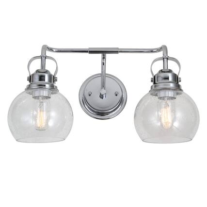 Front. Jonathan Y - Shirley 17.5" 2-Light Farmhouse Industrial Metal LED Vanity Light with Seeded Glass Globe Shades, Chrome - Chrome.