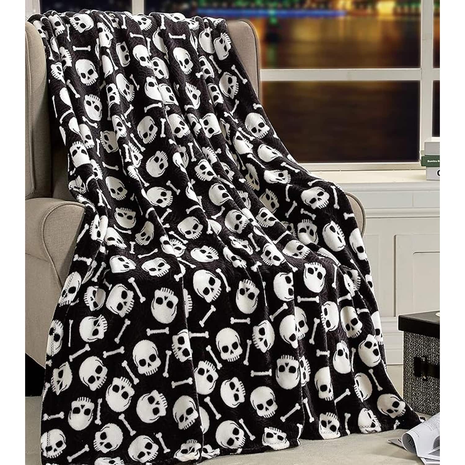 Noble House - Plazatex Skull Bones Micro Plush Decorative Halloween Throw Blanket 50" X 60" Black And White - Black & white
