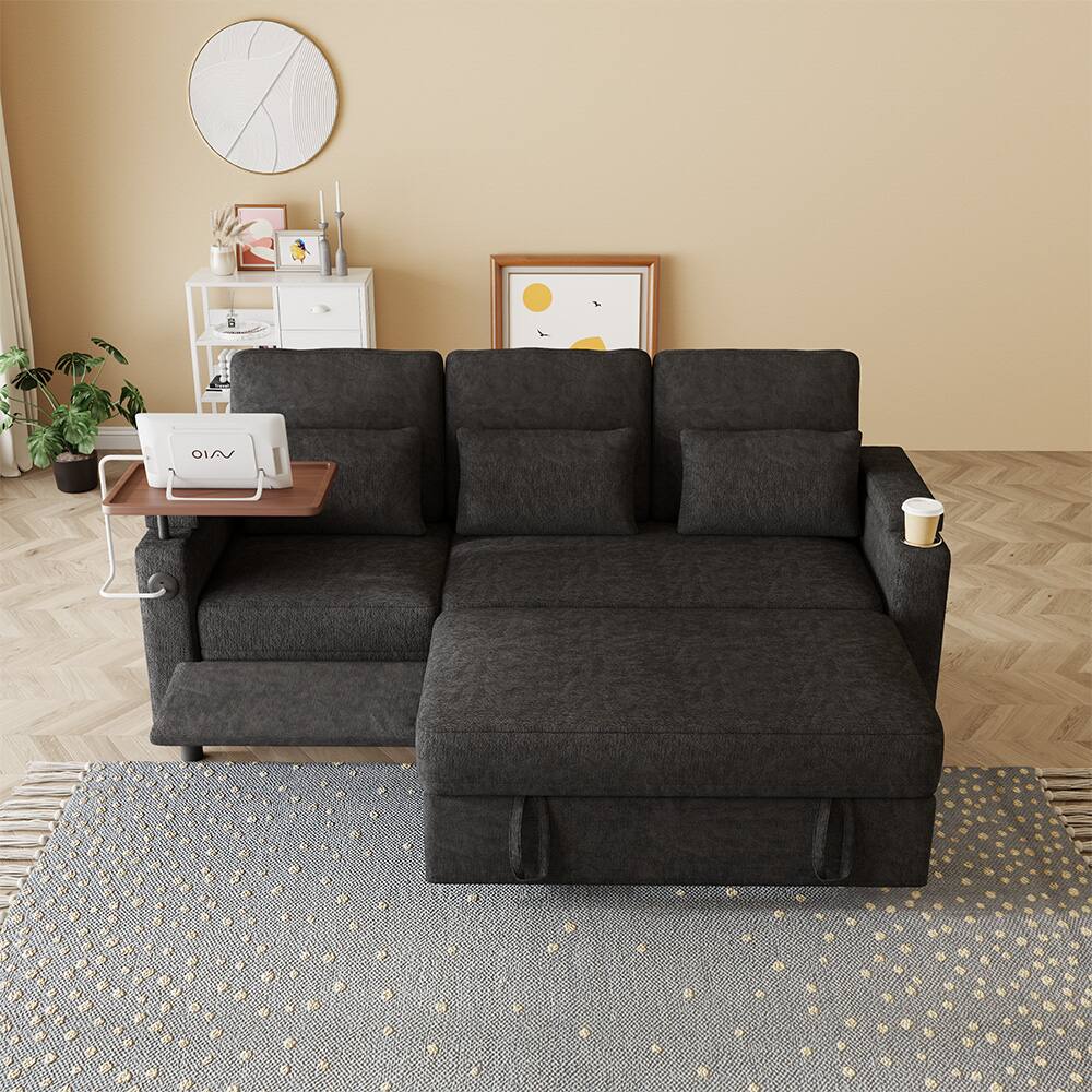 Angle. Anysun - 83" Chenille Fabric Foldable Sofa Bed with Electric Recliner, Adjustable Backrest, Table Board, Armrest Storage - Black.