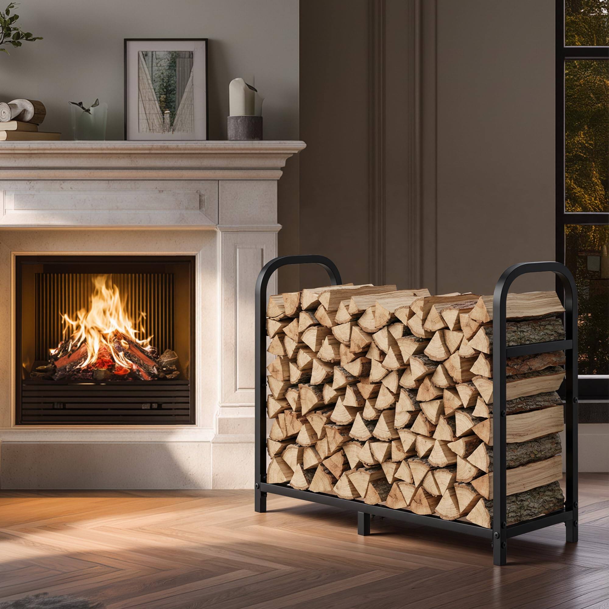 Left. JETRANSPORT - 34 Inch Firewood Rack Outdoor With Log Carrier Bag Indoor Fire Wood Holder Metal Heavy Duty Rustproof Storage - 30in U-shaped.