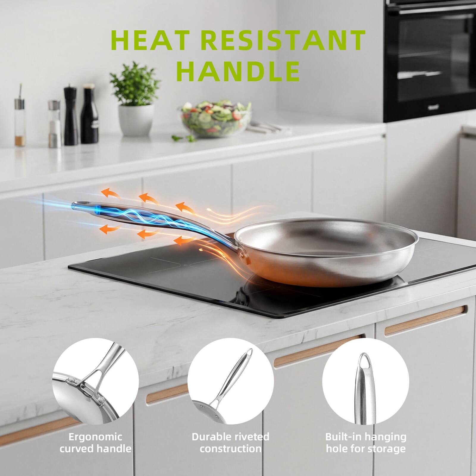 HEAT RESISTANT HANDLE

- Ergonomic curved handle
- Durable riveted construction
- Built-in hanging hole for storage