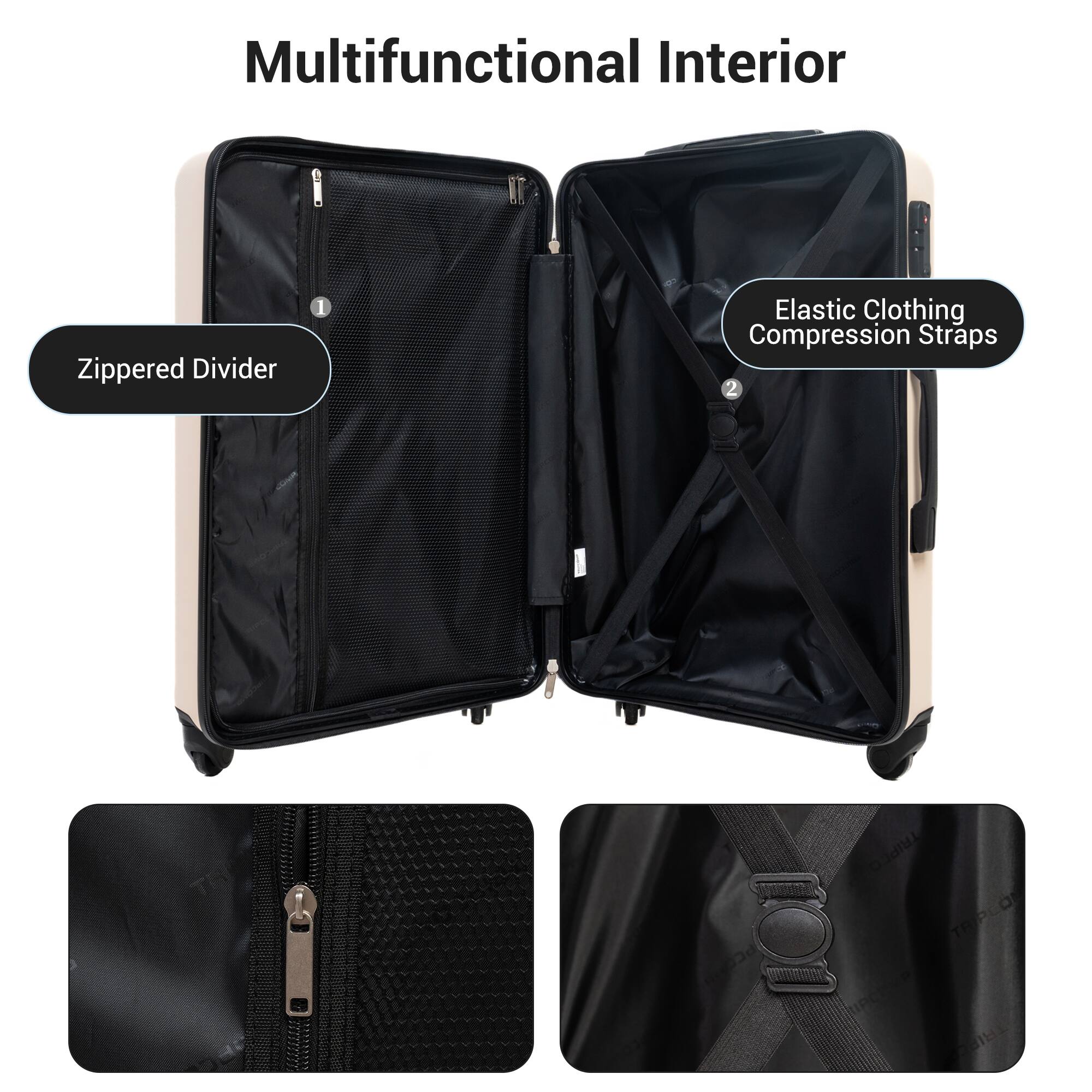 Multifunctional Interior

1. Zippered Divider
2. Elastic Clothing Compression Straps
