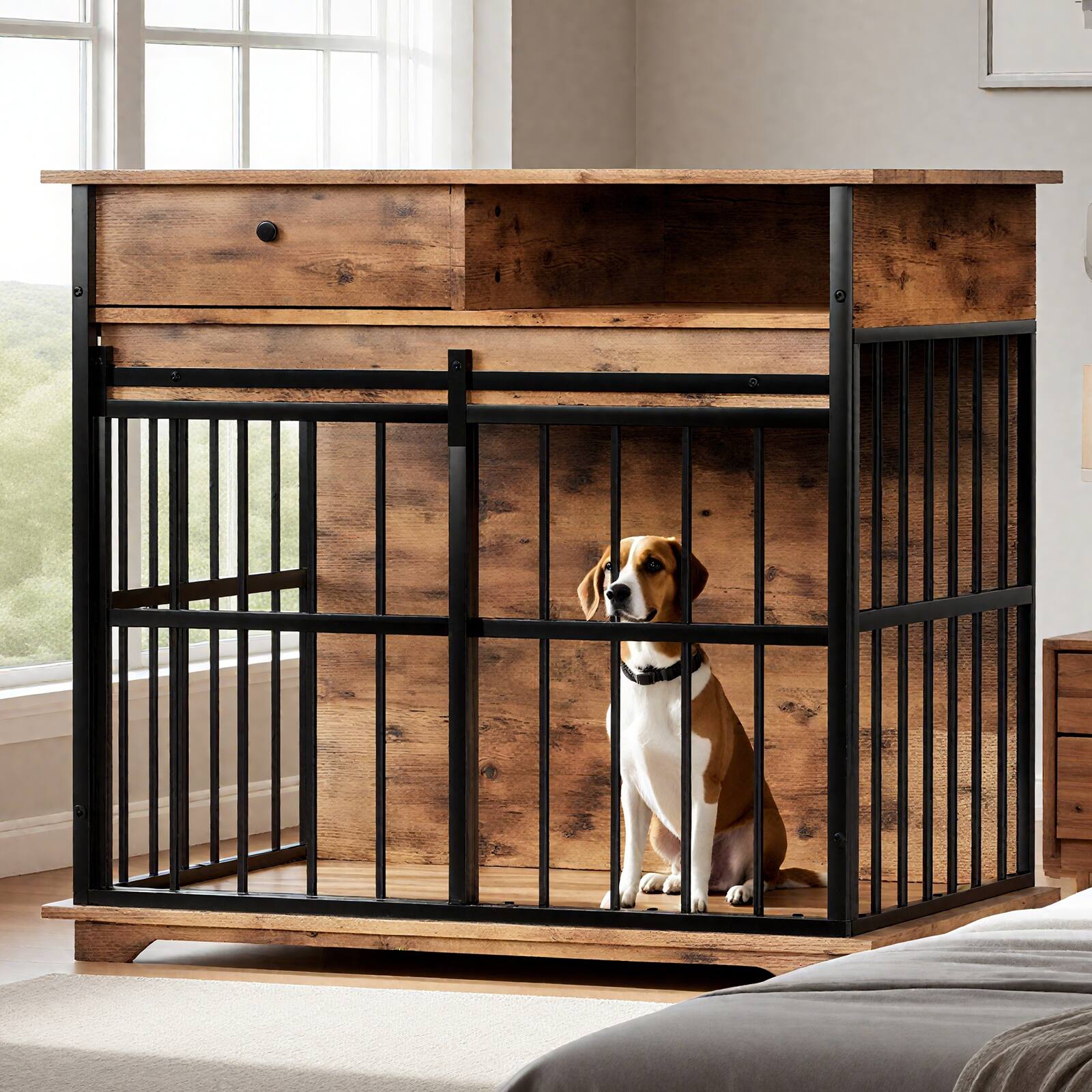 Angle. Dexmalle - Dexmalle-Dog Crate with Tray for Medium Large Dogs-Walnut+Black.