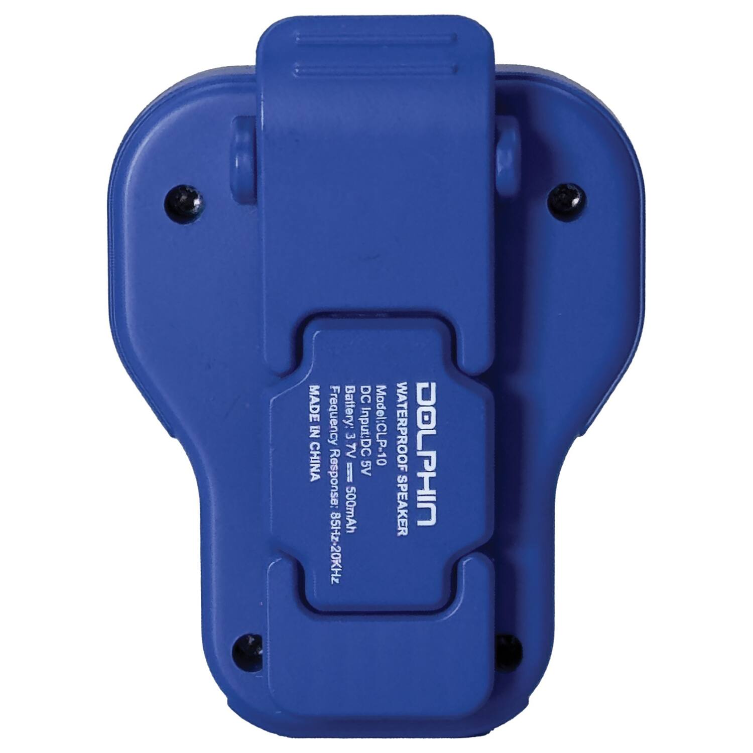 DC MADE  
Frequency: 3V  
Battery: 500mAh  
Input: DC 5V  
Response: 85Hz-20KHz  
WATERPROOF  
DOLPHIN SPEAKER  
Model: CLP-10  
MADE IN CHINA