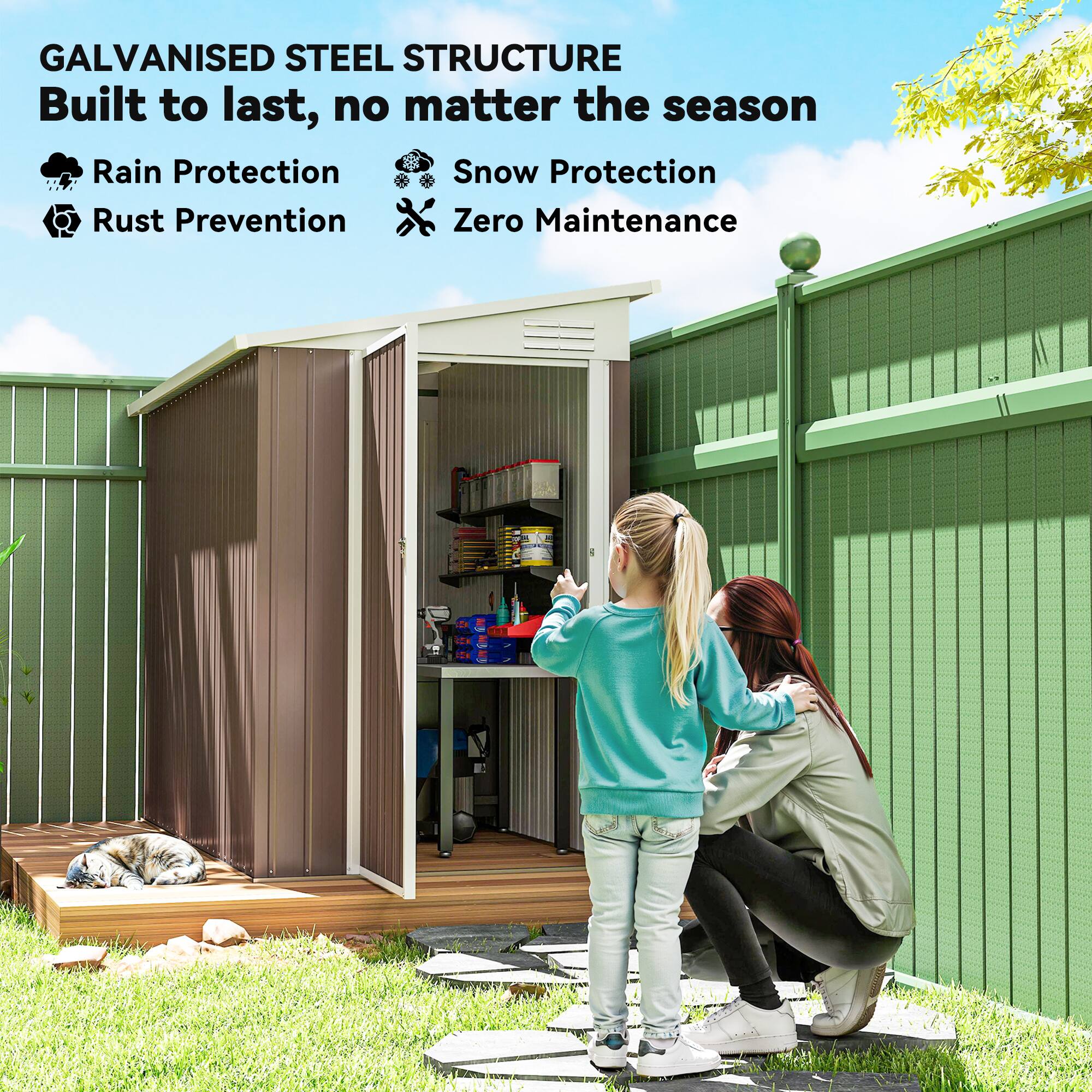 GALVANISED STEEL STRUCTURE  
Built to last, no matter the season  

- Rain Protection  
- Snow Protection  
- Rust Prevention  
- Zero Maintenance