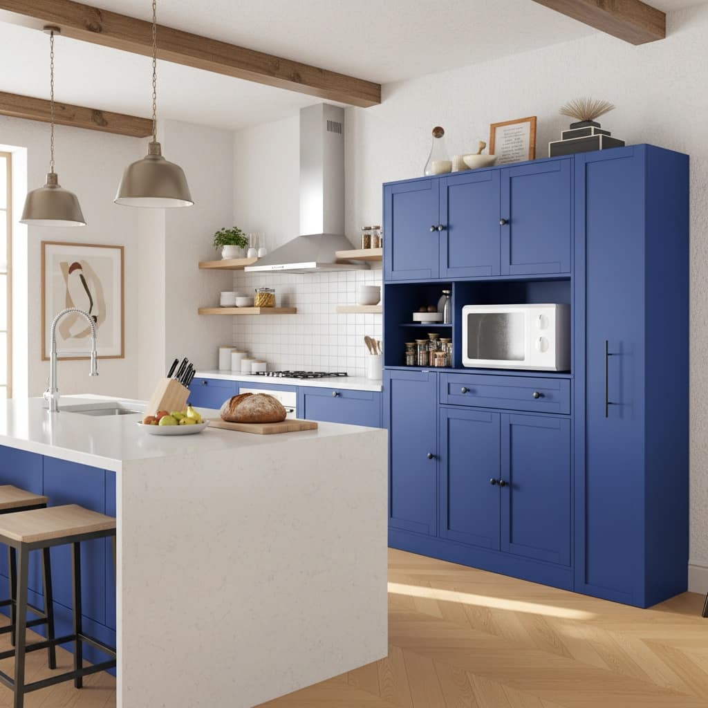 Forest'nSky - 70" Tall Buffet with Hutch, Large Kitchen Pantry with Pull-Out Side Cabinet & Door Shelves - Blue