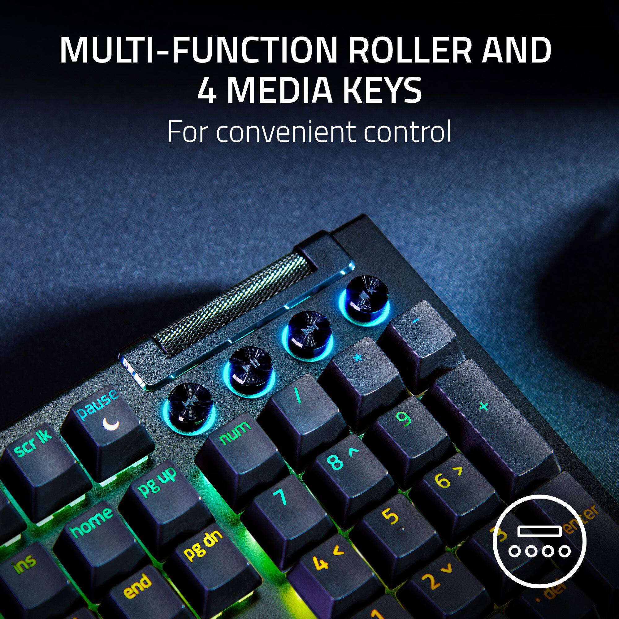 MULTI-FUNCTION ROLLER AND 4 MEDIA KEYS FOR CONVENIENT CONTROL
Pause: Ik num scr up pg home dn n pg end
* I 9 A 8 > 6 7 5 < 4 V 2 1 + 3 enter de