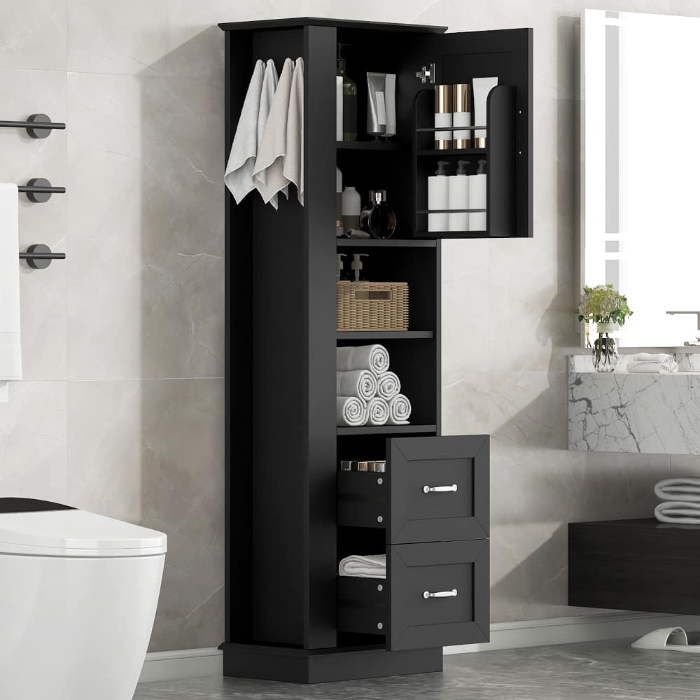 Loheer - Tall Bathroom Cabinet Freestanding Storage Tower with Drawers Adjustable Shelves and Hooks MDF - Black