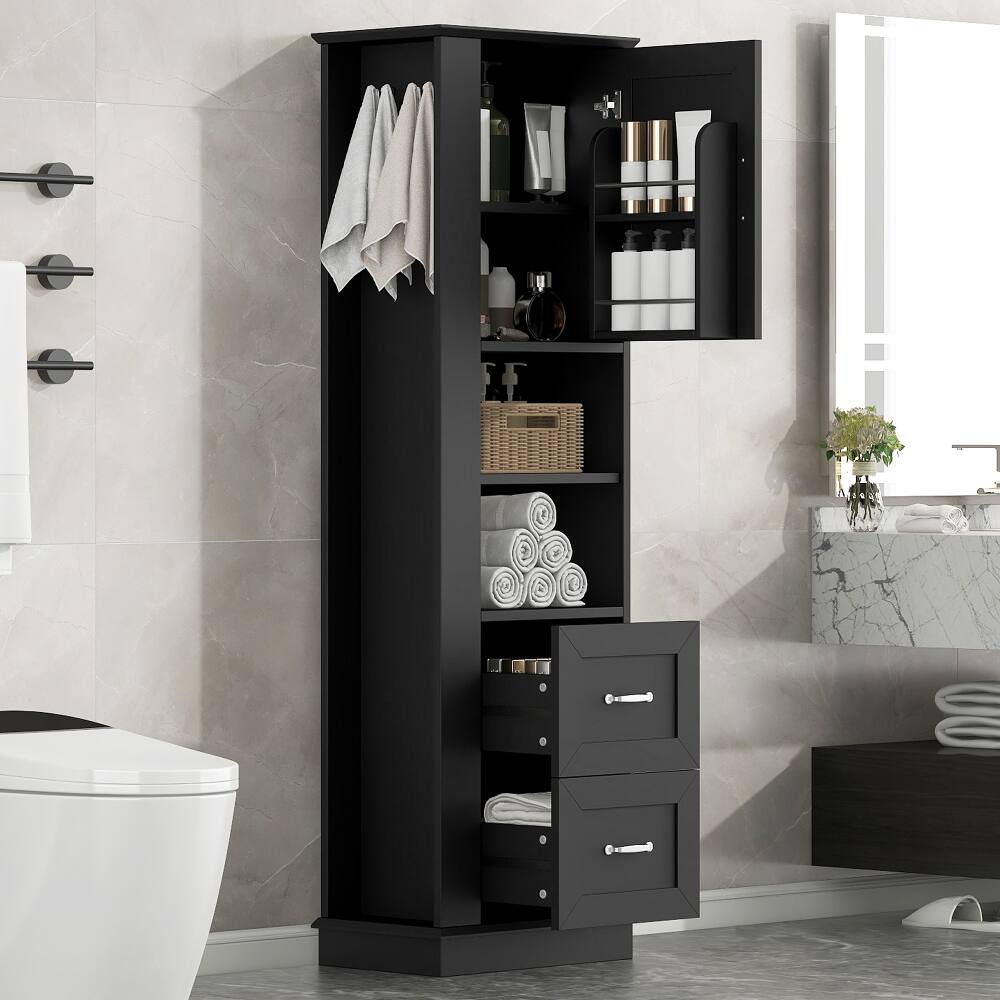 Front. Loheer - Loheer Tall Bathroom Cabinet Freestanding Storage Tower with Drawers Adjustable Shelves and Hooks Black MDF - Black.