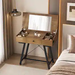 WELLFOR - Makeup Vanity Table with Flip Top Hidden Mirror & Charging Station, Multi Compartment Storage Rustic Dressing Desk - Rustic Brown