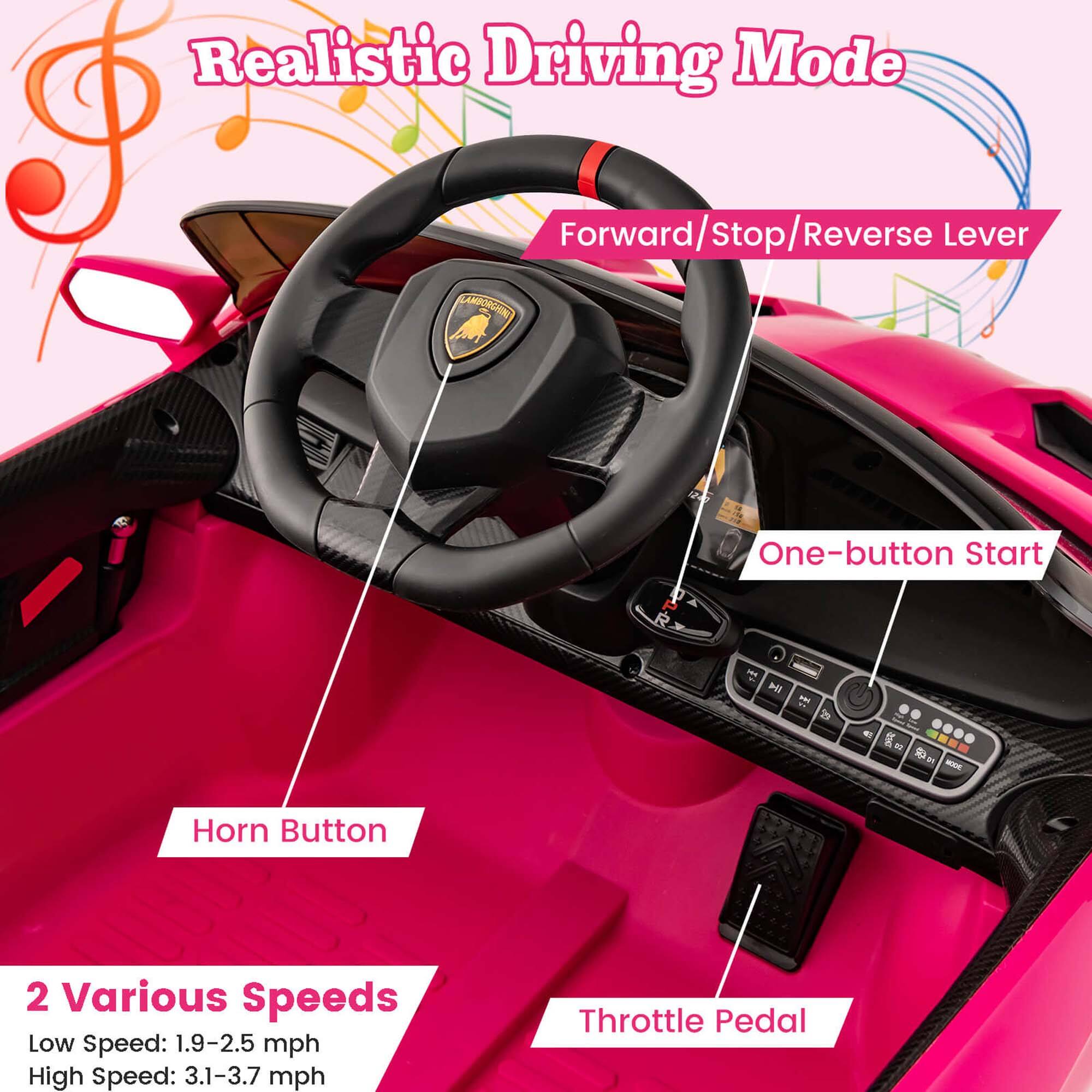 Realistic Driving Mode

- Forward/Stop/Reverse Lever
- One-button Start
- Horn Button
- Throttle Pedal

2 Various Speeds
- Low Speed: 1.9-2.5 mph
- High Speed: 3.1-3.7 mph