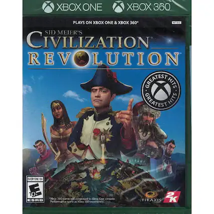XBOX ONE XBOX 360
PLAYS ON XBOX ONE & XBOX 360*
NTSC
SID MEIER'S CIVILIZATION REVOLUTION
GREATEST HITS
GREATEST HITS
EVERYONE 10+
ESRB
Xbox 360 game will download to Xbox One console. Performance same as Xbox 360 experience.
FIRAXIS
2K
*Xbox 360 game will download to Xbox One console. Performance same as Xbox 360 experience. - E10+ (Everyone 10+)