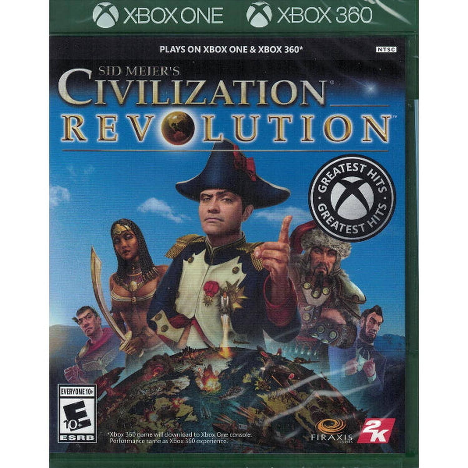 XBOX ONE XBOX 360  
PLAYS ON XBOX ONE & XBOX 360*  
NTSC  
SID MEIER'S CIVILIZATION REVOLUTION  
GREATEST HITS  
GREATEST HITS  
EVERYONE 10+  
ESRB  
Xbox 360 game will download to Xbox One console. Performance same as Xbox 360 experience.  
FIRAXIS  
2K  
*Xbox 360 game will download to Xbox One console. Performance same as Xbox 360 experience.