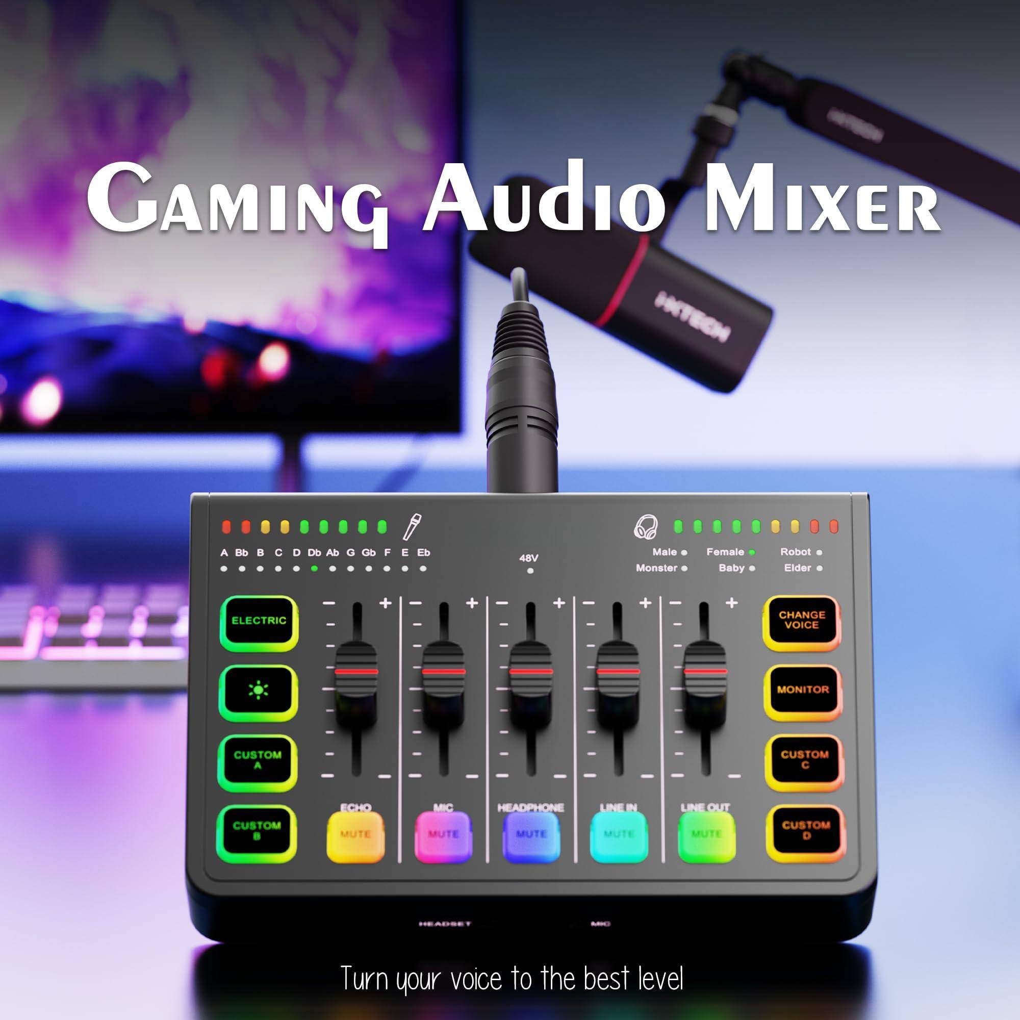 Gaming Audio Mixer

- A Bb C D Db Ab Gb F Eb
- ELECTRIC
- CUSTOM A
- CUSTOM B
- CUSTOM C
- CUSTOM D
- ECHO MUTE
- MIC MUTE
- HEADPHONE MUTE
- LINE IN MUTE
- LINE OUT MUTE
- CHANGE VOICE
- MONITOR
- Male Female Monster Baby Elder
- Turn your voice to the best level