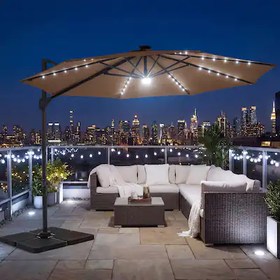 Costway 10 ft Cantilever Patio Umbrella with Solar LED Lights, 360 Rotation, Easy Tilt Tan Costway 10 ft Cantilever Patio Umbrella with Solar LED Lights, 360 Rotation, Easy Tilt Tan