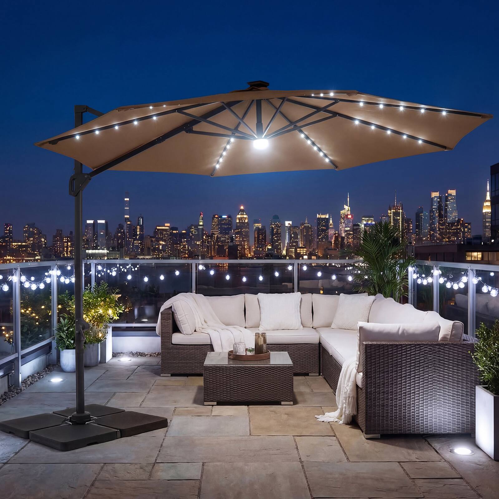 Alt View 1. Costway - Costway 10 FT Cantilever Patio Umbrella with Solar LED Lights, 360° Rotation, Easy Tilt - Brown.