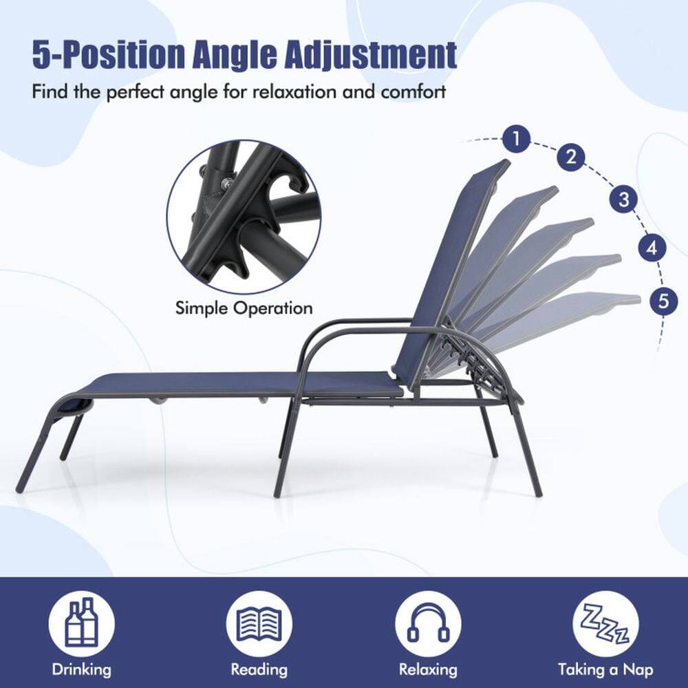 5-Position Angle Adjustment  
Find the perfect angle for relaxation and comfort  

Simple Operation  

1. Drinking  
2. Reading  
3. Relaxing  
4. Taking a Nap