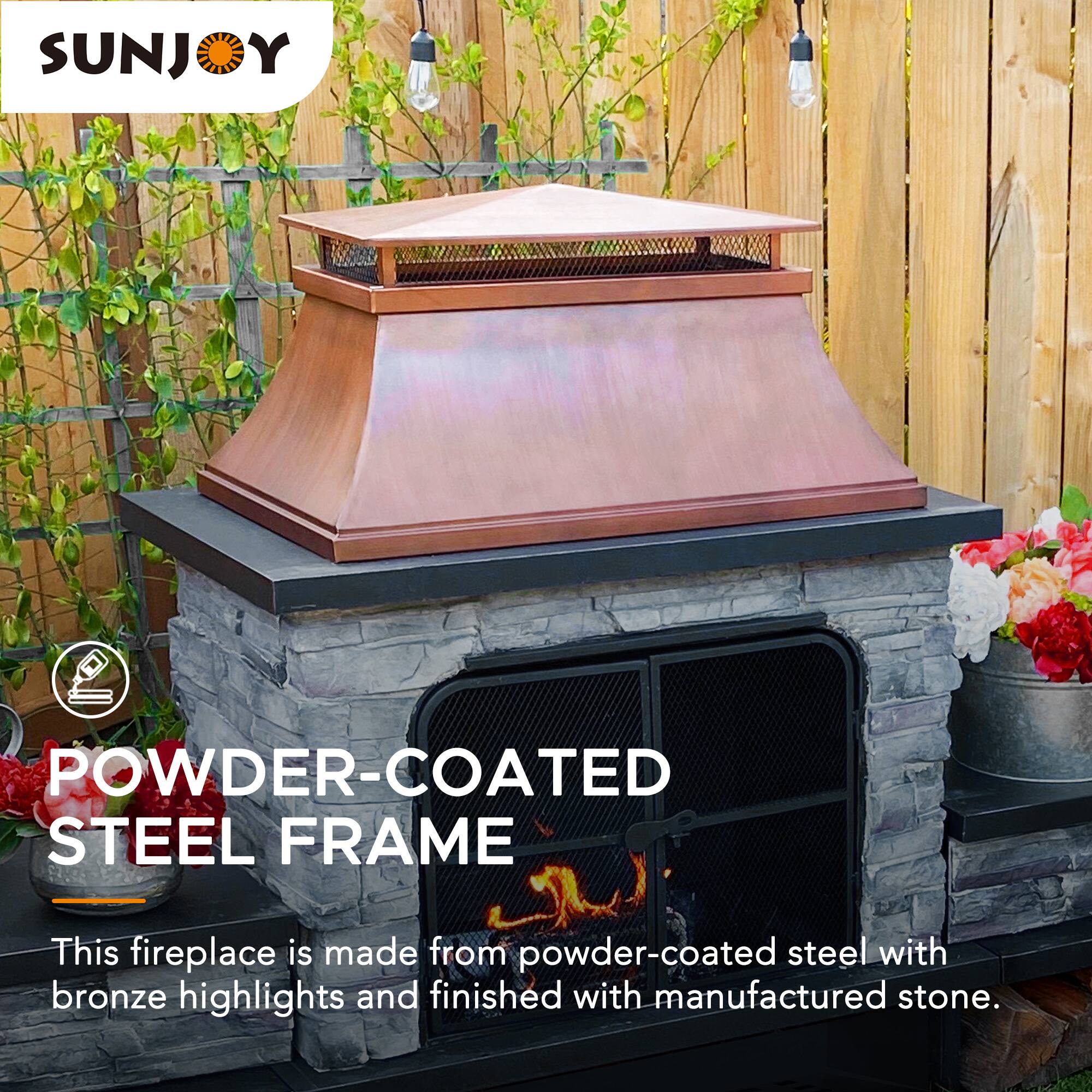 SUNJOY POWDER-COATED STEEL FRAME

This fireplace is made from powder-coated steel with bronze highlights and finished with manufactured stone.