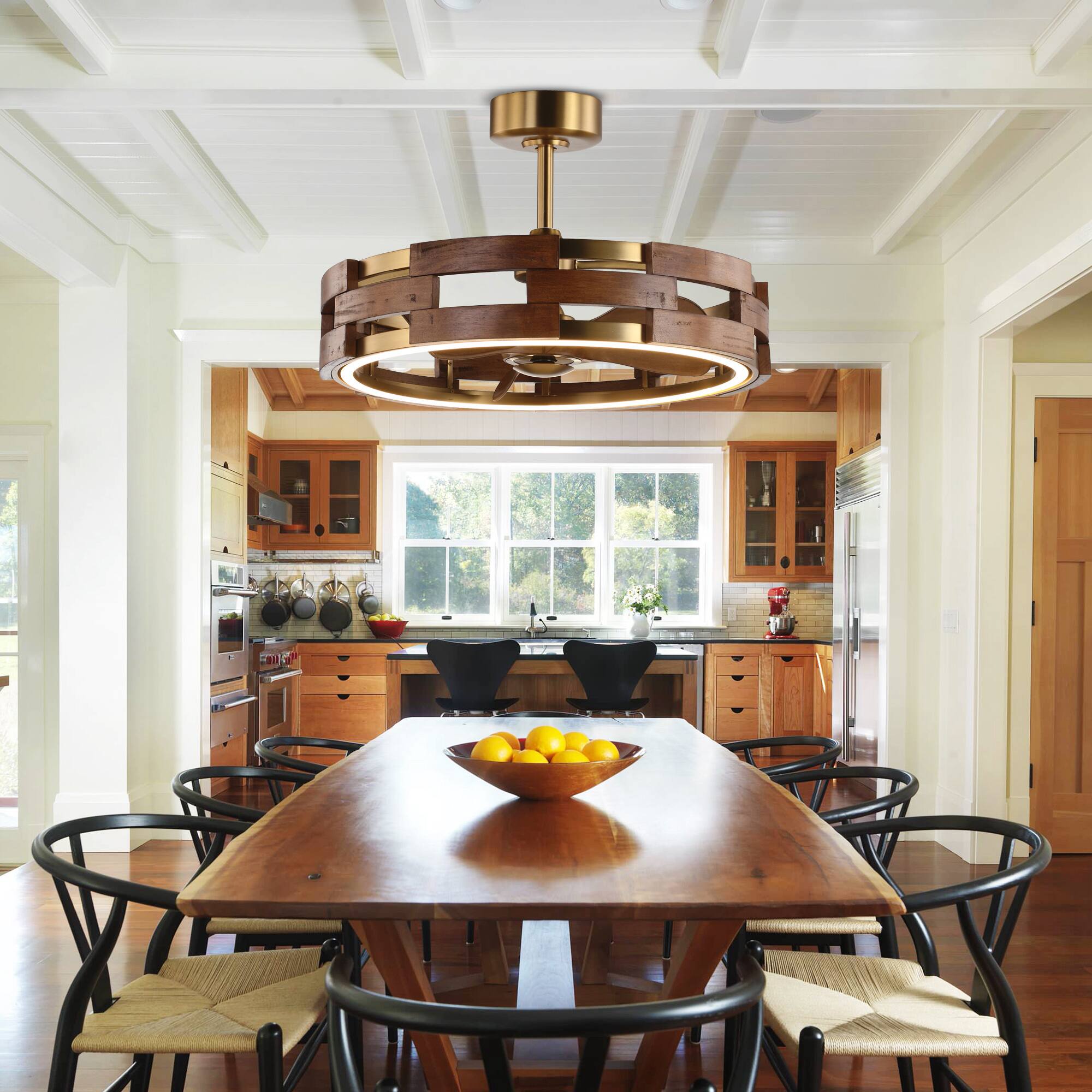 Angle. Perimost - 30-inch Farmhouse Gold 6-speed Caged Fandelier Ceiling Fan with Light and Remote, DC Reversible Motor - Gold.