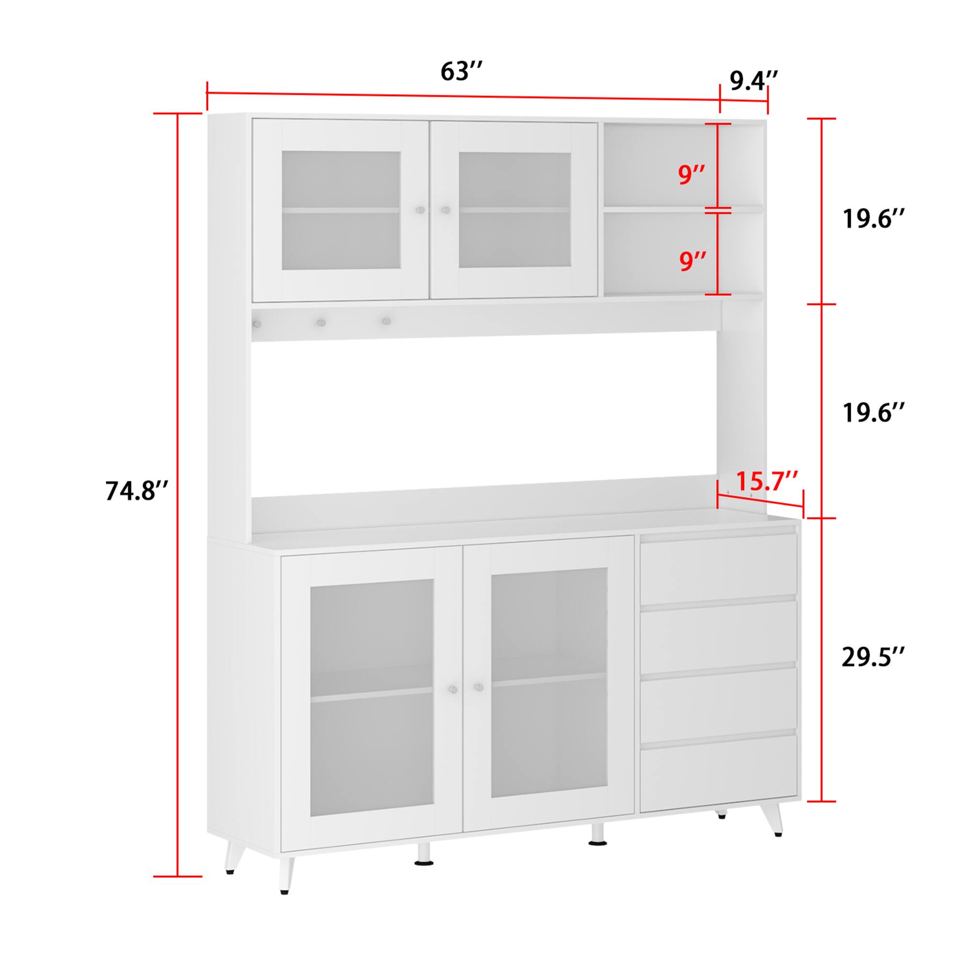 Width: 63"
Height: 74.8"
Depth: 29.5"
Shelf: 9.4"
Cabinet: 9"
Side: 19.6"
Drawer: 15.7"