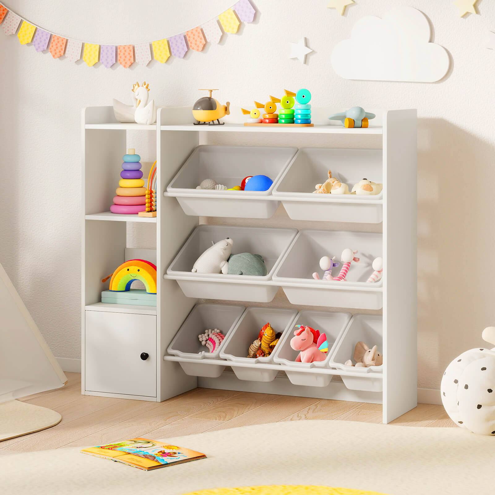 Alt View 1. Costway - Costway Kids Toy Storage and Bookshelf, Wooden Bookcase with 4 Small Boxes & 4 Large Boxes - White.