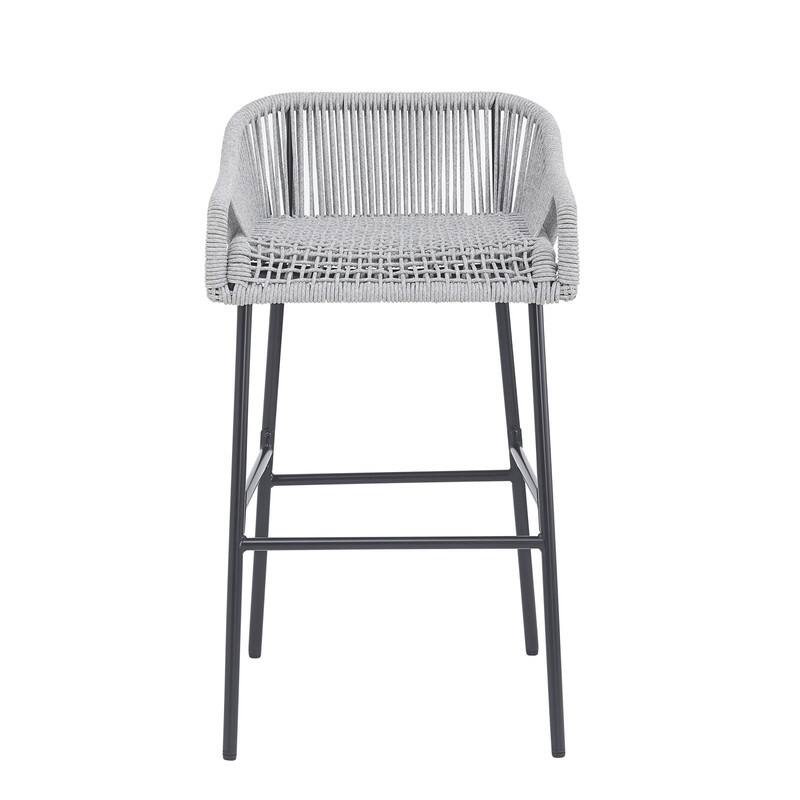 Alt View 4. HTUTWOO - Barstool Set of 2, UV-Resistant Woven Seat, Black Metal Frame, Outdoor High Chairs for Garden Poolside Balcony - Light Gray.