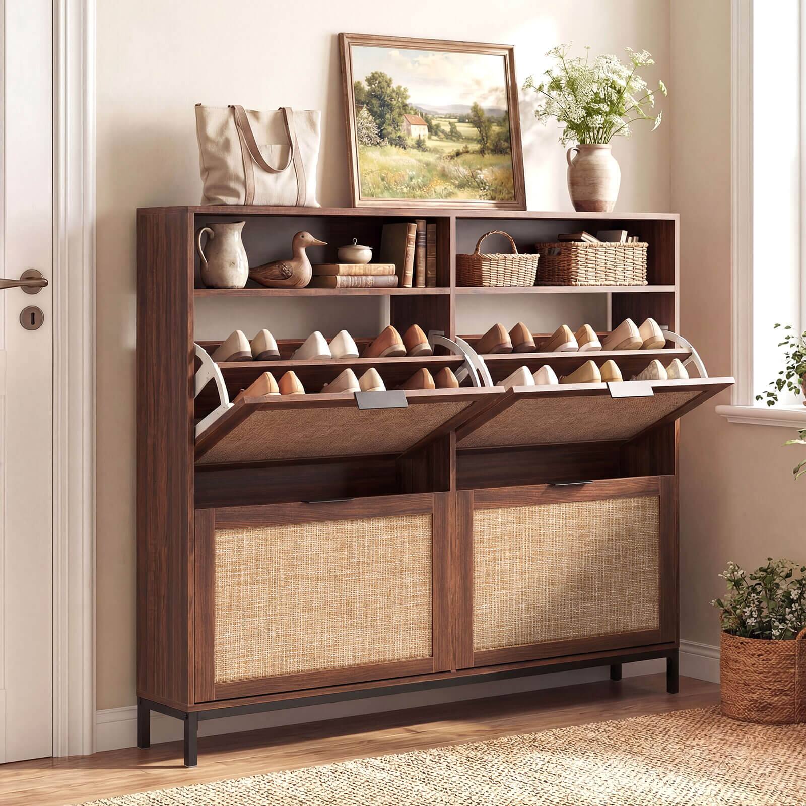 Alt View 4. Costway - Costway Shoe Storage Cabinet with 4 Flip Drawers, Adjustable Shelves, Open Compartments - Brown.