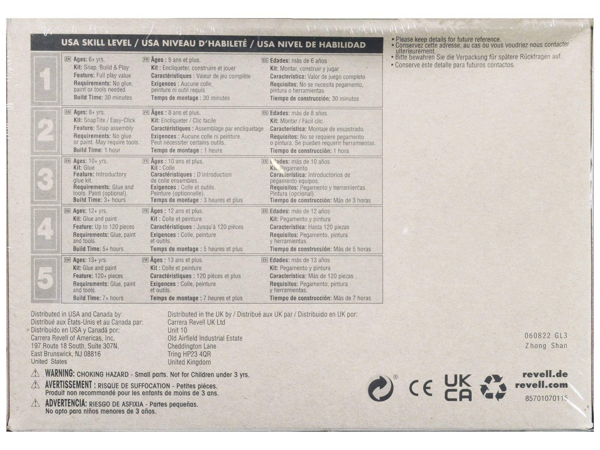**USA SKILL LEVEL / USA NIVEAU D'HABILITÉ / USA NIVEL DE HABILIDAD**

1. **Ages: 6-4 yrs.**  
   Kit: Snap, Build & Play  
   Feature: Full play value  
   Requirements: No glue, paint or tools needed  
   Build Time: 30 minutes  
   **Edades: más de 6 años**  
   Kit: Montar, construir y jugar  
   Características: Valor de juego completo  
   Requisitos: No necesita pegamento, pintura o herramientas  
   Tiempo de construcción: 30 minutos  
   **Eh: Ages: 6 ans et plus**  
   Kit: Montage facile  
   Caractéristiques: Assemblage par encliquetage  
   Exigences: Aucune peinture ni outils requis  
   Temps de montage: 30 minutes  

2. **Ages: 8-4 yrs.**  
   Kit: SnapTite / Easy-Click  
   Feature: Snap assembly  
   Requirements: No glue or paint. May require tools  
   Build Time: 1 hour  
   **Ed