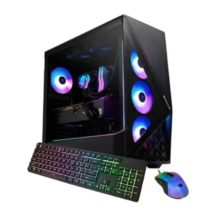 The image features a computer setup with a keyboard and mouse placed in front of a computer tower. The tower has a colorful design, and the keyboard is also colorful, adding a vibrant touch to the setup. The mouse is positioned to the right of the keyboard, completing the computer setup.