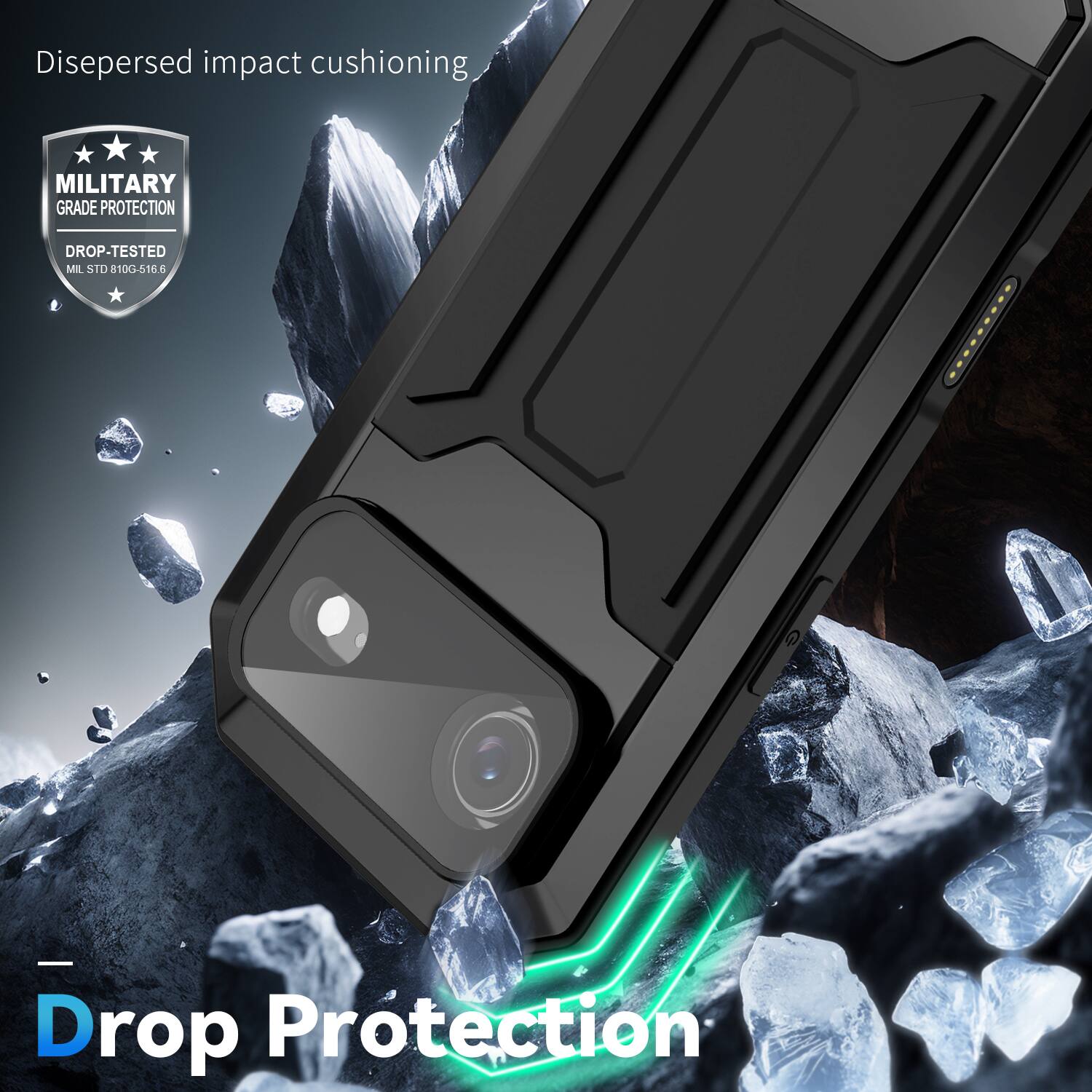 Dispersed impact cushioning  
MILITARY GRADE PROTECTION  
DROP-TESTED  
MIL STD 810G-516.6  

Drop Protection