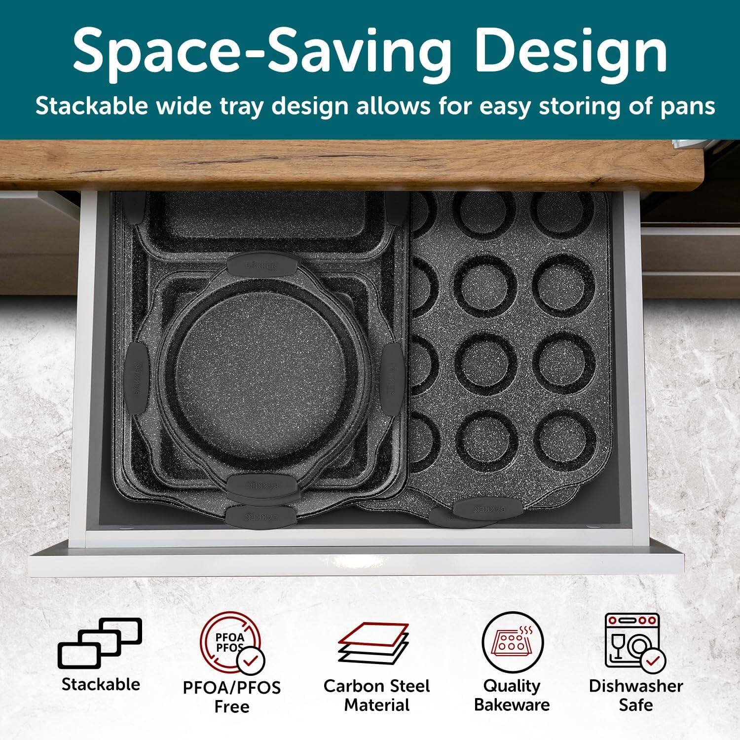 Space-Saving Design, Stackable wide tray design allows for easy storing of pans, PFOA/PFOS Free, Carbon Steel Material, Quality Bakeware, Dishwasher Safe