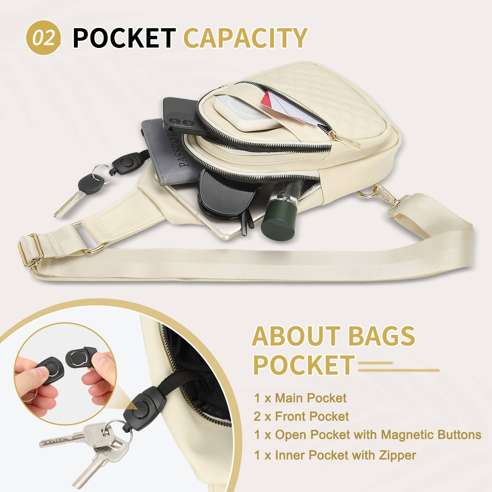 02 POCKET CAPACITY

ABOUT BAGS POCKET

1 x Main Pocket  
2 x Front Pocket  
1 x Open Pocket with Magnetic Buttons  
1 x Inner Pocket with Zipper