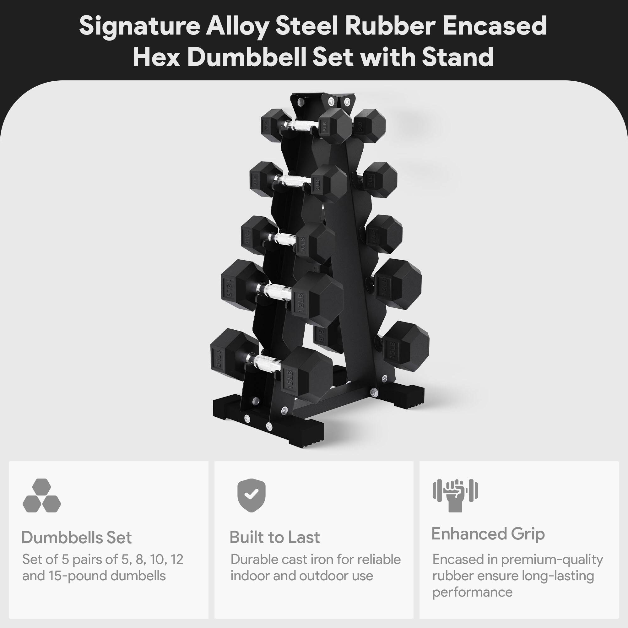 Signature Alloy Steel Rubber Encased Hex Dumbbell Set with Stand

- Dumbbells Set
  - Set of 5 pairs of 5, 8, 10, 12, and 15-pound dumbbells

- Built to Last
  - Durable cast iron for reliable indoor and outdoor use

- Enhanced Grip
  - Encased in premium-quality rubber to ensure long-lasting performance