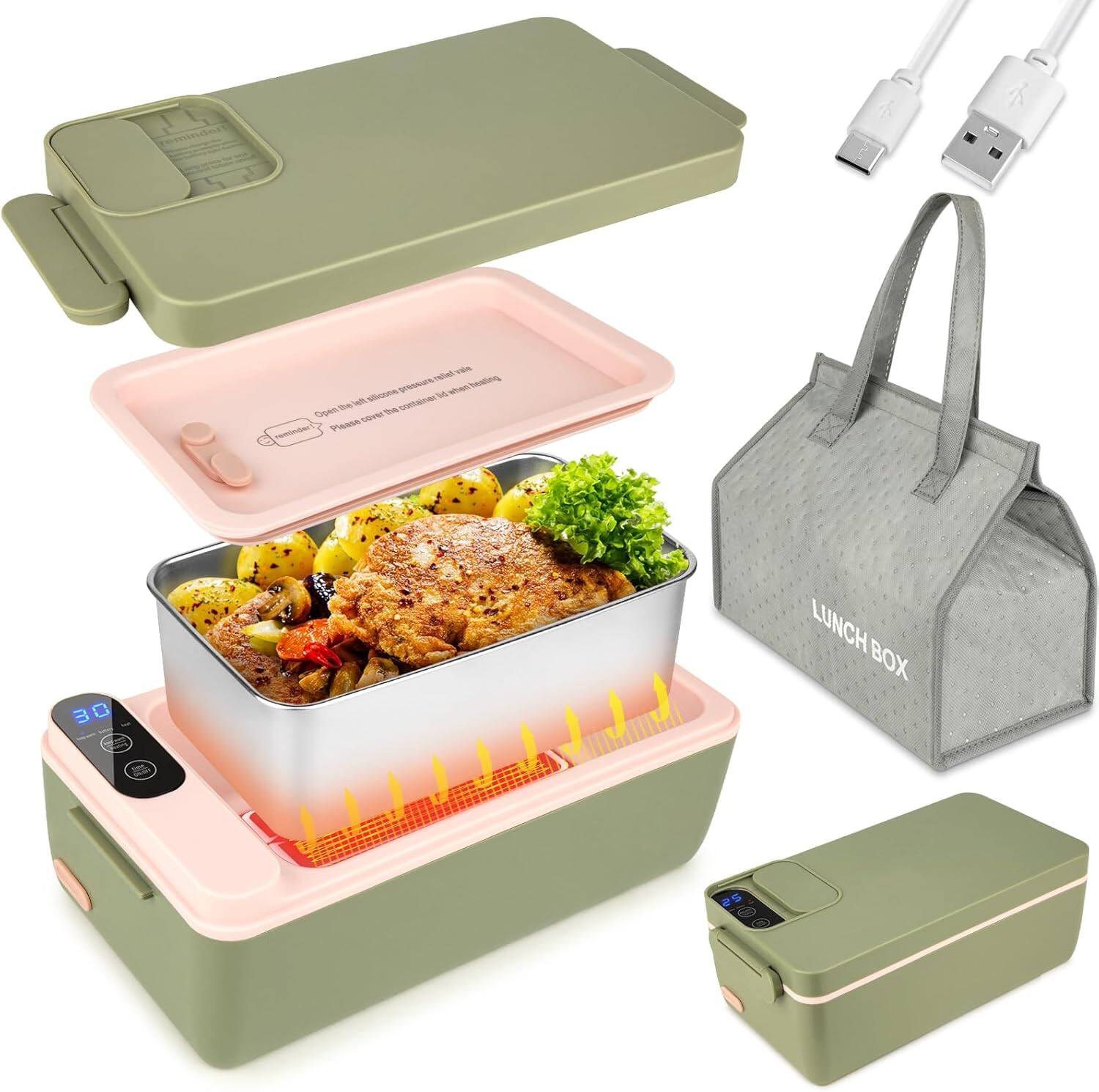 Sure, here is the corrected and grouped text from the image:

---

**LUNCH BOX**

**Please cover the container before heating.**

**30**

---

**LUNCH BOX**

---

**USB Cables**

---

**LUNCH BOX**

---