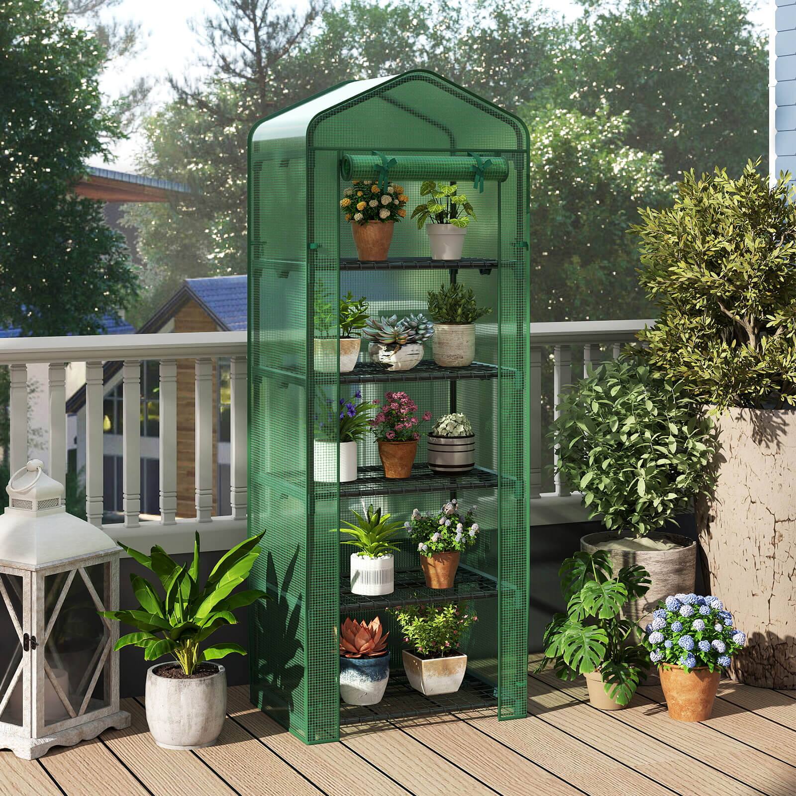 Alt View 4. Costway - Costway 69" x 48" x 75" Mini Greenhouse with 5 Tier Shelves, PE Cover, Roll-Up Zipper Door - Green.