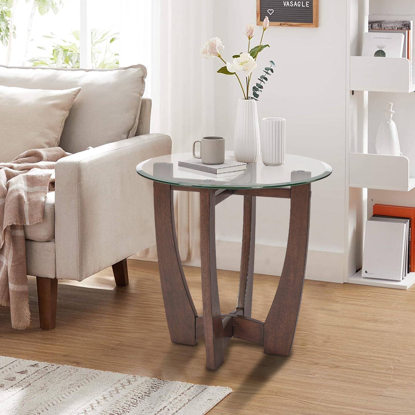 Alt View 1. Ecooso - Round Glass Coffee Table 23.5", Small Center Table with Wood Base for Living Room or Office - Cherry.