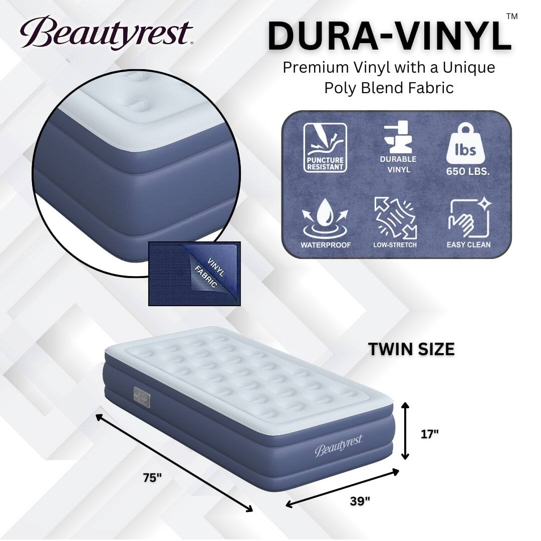 Beautyrest.  
DURA-VINYL™  
Premium Vinyl with a Unique Poly Blend Fabric  

- PUNCTURE RESISTANT  
- DURABLE VINYL  
- 650 LBS.  
- WATERPROOF  
- LOW-STRETCH  
- EASY CLEAN  

TWIN SIZE  
75" x 39" x 17"
