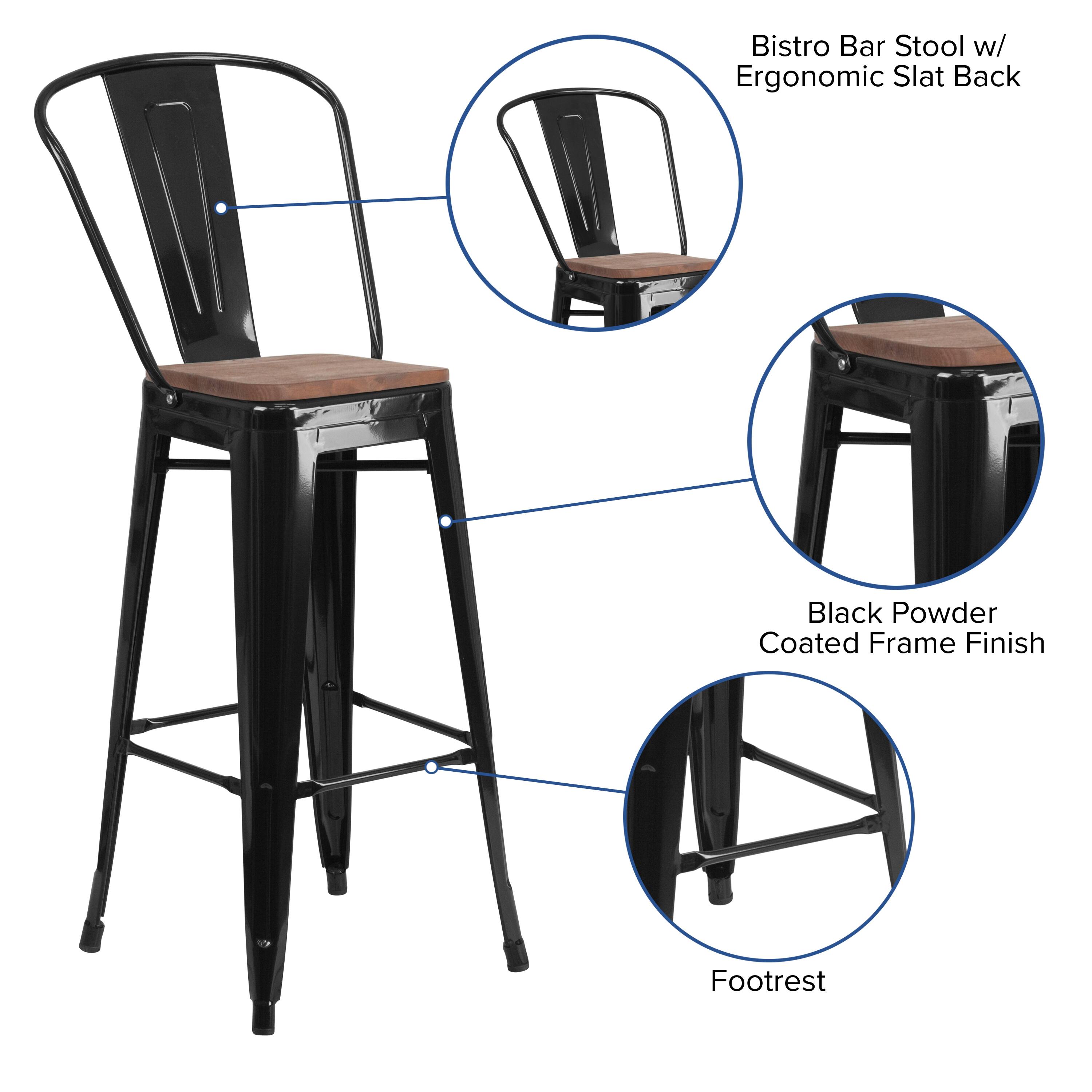 Bistro Bar Stool w/ Ergonomic Slat Back  
Black Powder Coated Frame Finish  
Footrest