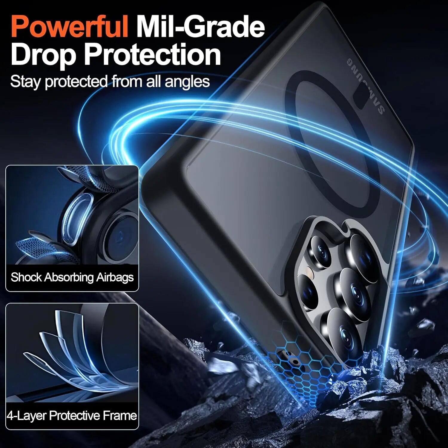 Powerful Mil-Grade Drop Protection  
Stay protected from all angles

SAMSUNG

Shock Absorbing Airbags

4-Layer Protective Frame