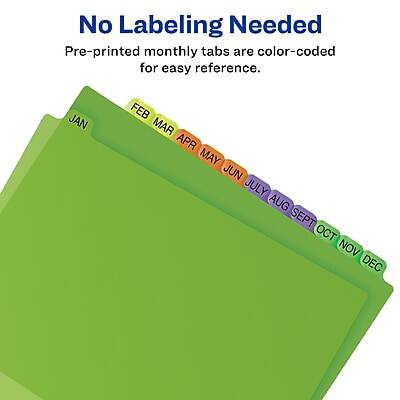 No Labeling Needed  
Pre-printed monthly tabs are color-coded for easy reference.  
JAN FEB MAR APR MAY JUN JULY AUG SEPT OCT NOV DEC