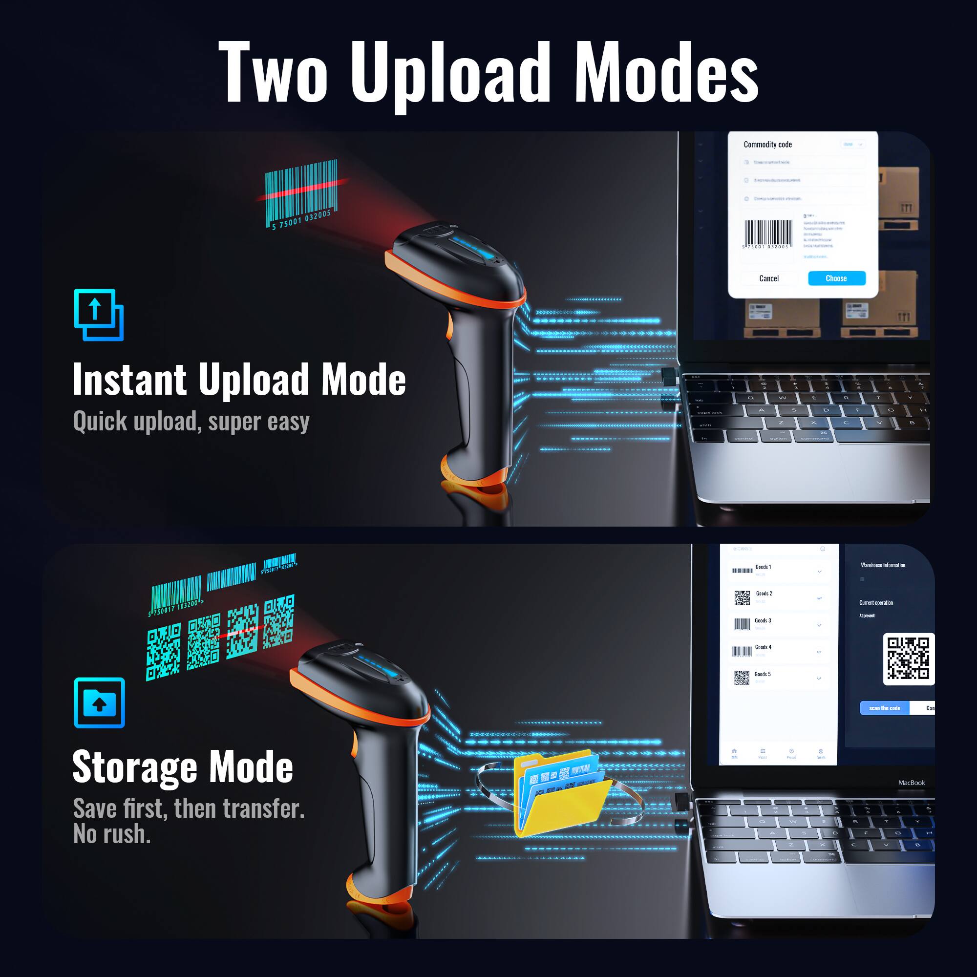 Two Upload Modes

Instant Upload Mode
Quick upload, super easy

Storage Mode
Save first, then transfer. No rush.