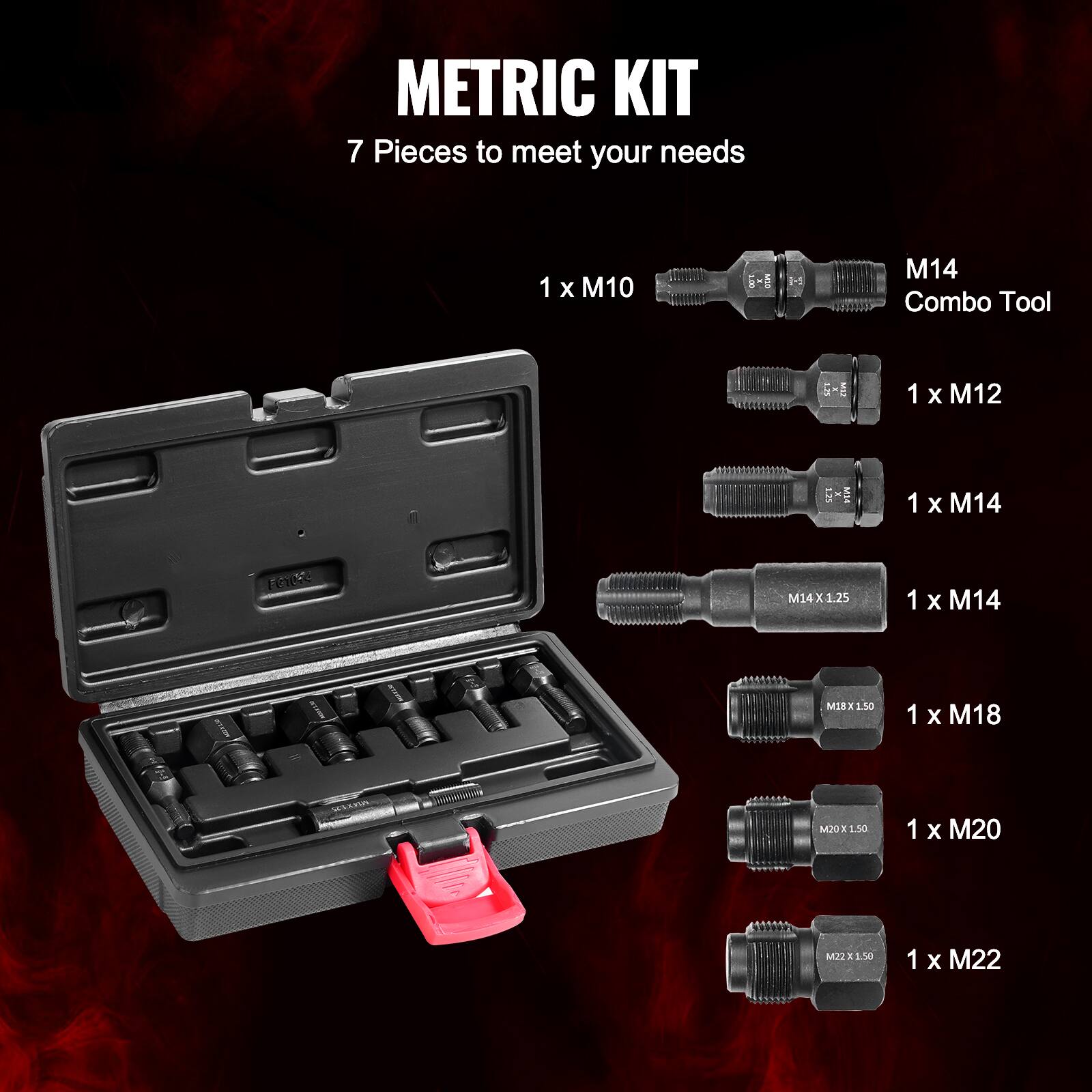 METRIC KIT  
7 Pieces to meet your needs  

1 x M10  
1 x M12  
1 x M14  
1 x M14 X1.25  
1 x M18 X1.50  
1 x M20 X1.50  
1 x M22 X1.50  

M14 Combo Tool