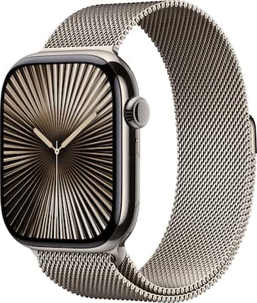 Angle. Apple - Apple Watch Series 10 (GPS+Cellular) 46mm Titanium Case with Natural Milanese Loop - M/L - Natural.